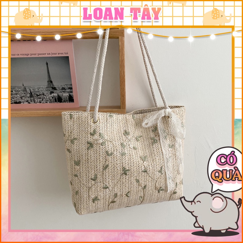Túi Cói Vuông Lớn Đi Du Lịch Thêu Hoa Quai Thừng Thắt Nơ Ren L2154