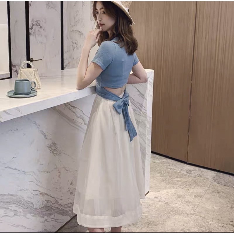 Set tiểu thư áo cột nơ hở lưng, váy trắng xoè