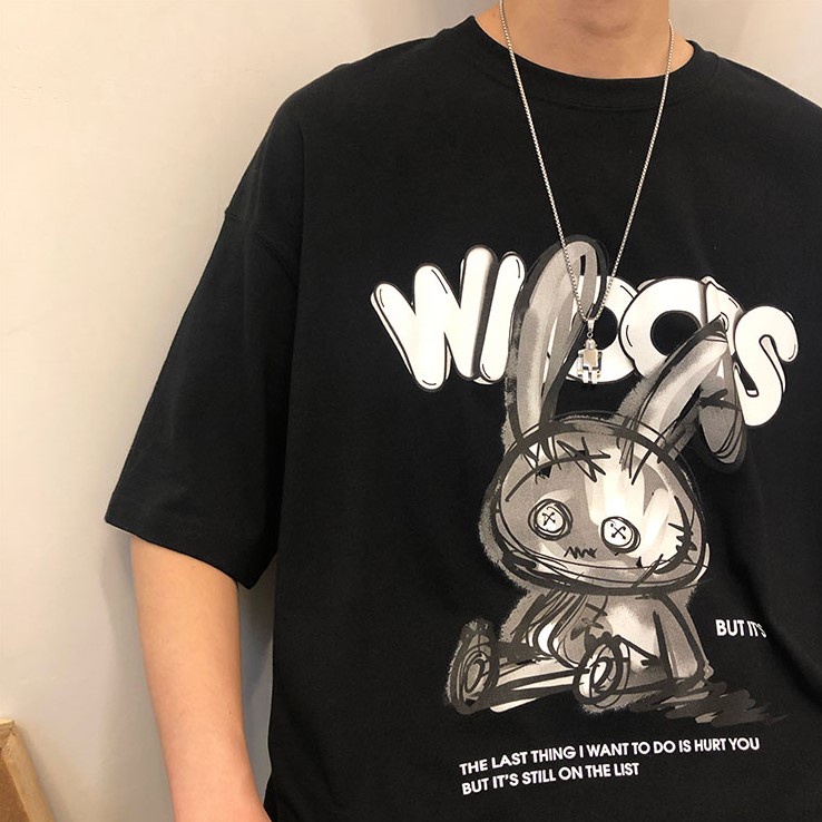 Áo Thun Tay Lỡ Hình Con Thỏ Ngỗ Nghĩnh , Phông Phom Thụng Phong Cách Unisex Dành Cho Nam Nữ