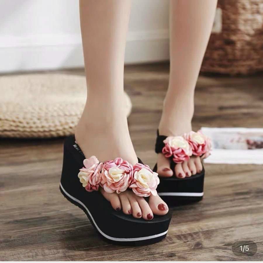 Dép kẹp đế xuồng lượn sóng quai kết bông cao cấp