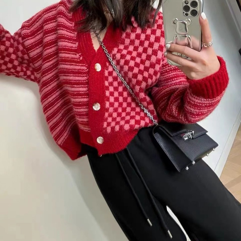 Áo Sweater Tay Dài Họa Tiết Sọc Caro Áo Khoác Dệt Kim Màu Sắc Tương Phản Thời Trang Mùa Thu Cho Nữ