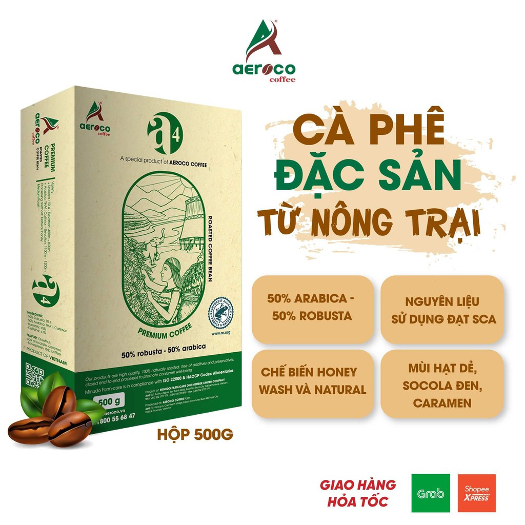 VoucherXtra5%_Hộp 500gr Cà phê đặc sản hạt rang A4 AEROCO COFFEE nguyên chất 100%, vị đắng chua, pha máy và pha phin.