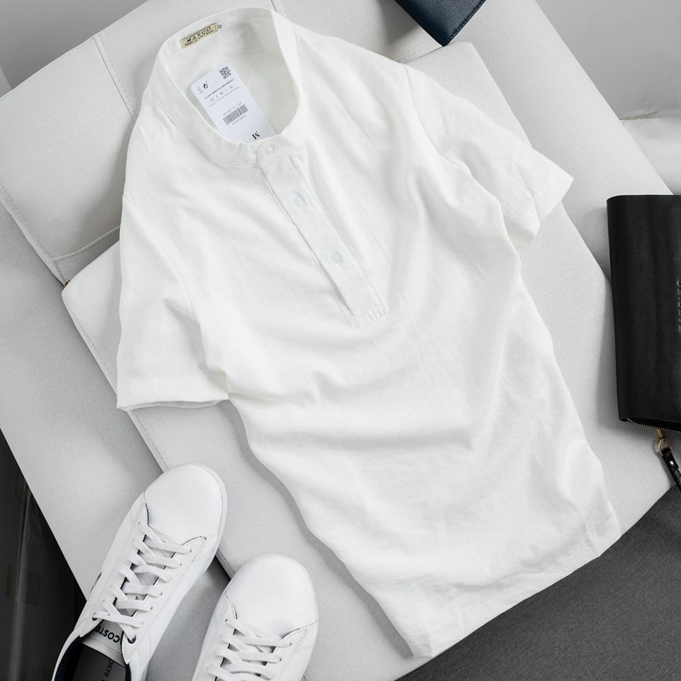 Áo đũi nam sơ mi cổ tàu ngắn tay Mango cao cấp vải đũi line mát lịm | BigBuy360 - bigbuy360.vn