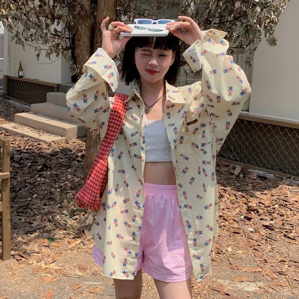 ZHELIHANGFEI Áo Sơ Mi Tay Dài Dáng Rộng In Hình Gấu Dễ Thương