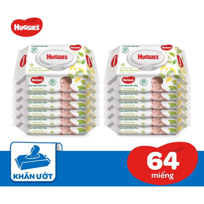 Thùng nguyên 12 bịch khăn ướt Huggies không mùi (bịch 64 miếng)