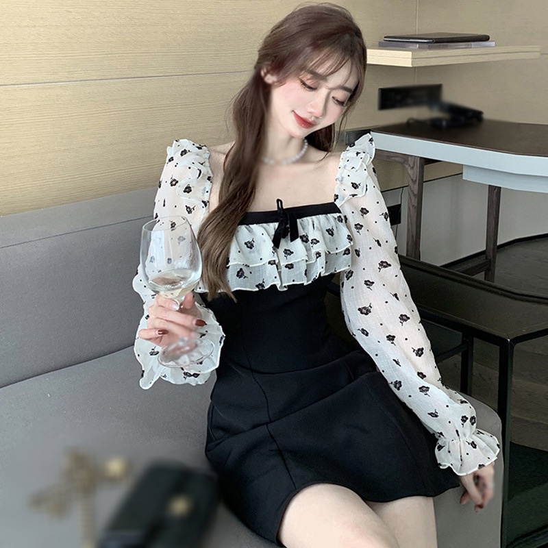 Váy body Đầm Cổ Vuông Váy Công Chúa Tay Dài Cổ Vuông Quyến Rũ