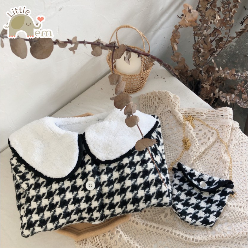 Set Áo khoác houndstooth chần bông cho bé + Túi đeo chéo dây gold