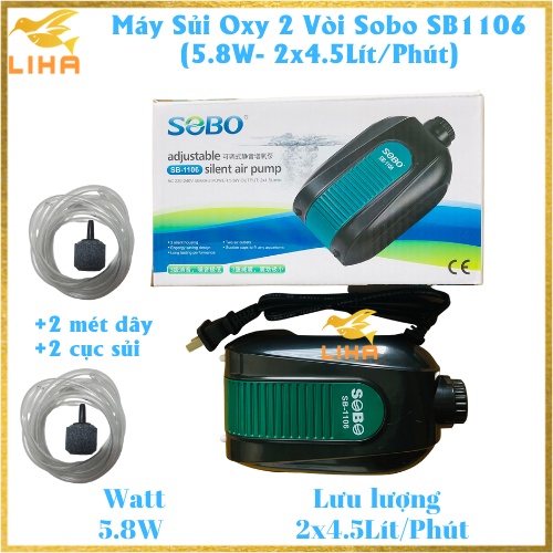 Máy Sủi Oxy 2 Vòi Sobo SB1106 (5.8W- 2x4.5Lít/Phút) - Máy Oxi Chạy Êm Cho Bể Cá