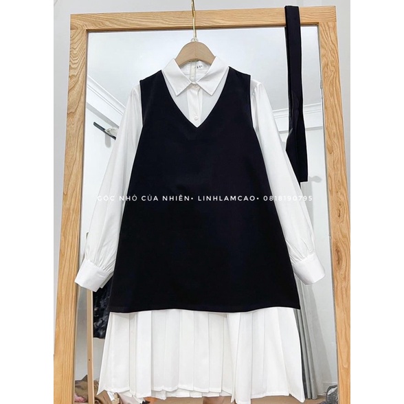 Set Váy Sơ Mi Xếp Ly Phối Gile Yếm Đen Ullzzang