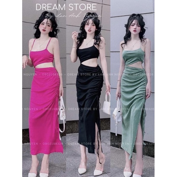 Đầm Hai Dây Khoét Hở Eo - Dáng Dài Maxi Xẻ Tà Rút Dây 1 Bên - Form Ôm Body Sexy Sang Chảnh - Thun Gân