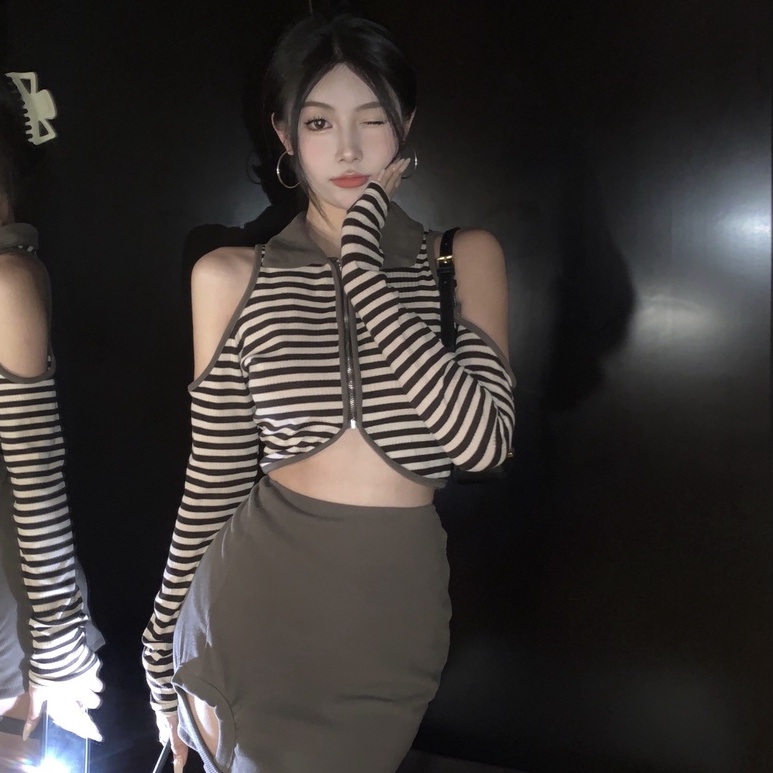 Áo kiểu croptop ZHELIHANGFEI dệt kim tay dài cổ polo phối khóa kéo thiết kế hở vai quyến rũ thời trang