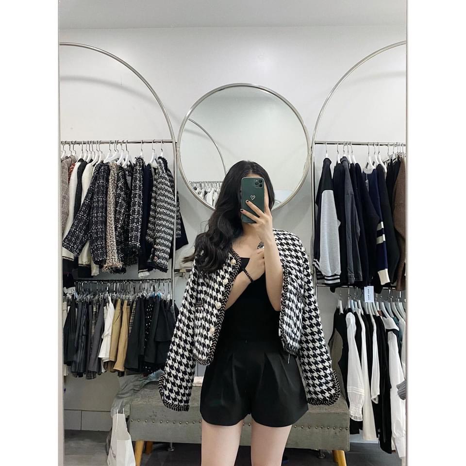 Áo khoác dạ kẻ viền mí dài tay áo dạ nữ tweed công sở | BigBuy360 - bigbuy360.vn