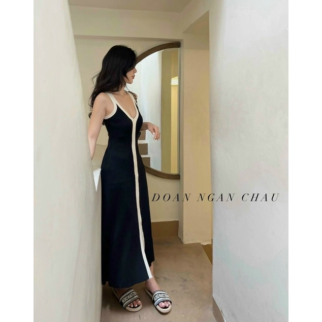 Váy maxi len hai dây bản to phối viền xẻ tà siêu sang chảnh V046