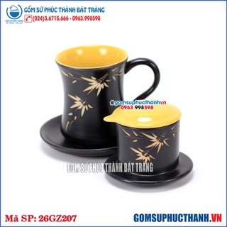 Bộ phin cafe bằng gốm sứ Bát Tràng dáng cao khắc tre