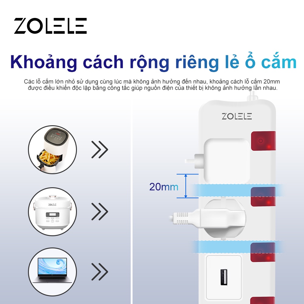 Ổ Cắm Điện Đa Năng zolele zk100 Dây nối dài 3M-3 lỗ 2USB-Chống sét-Bảo vệ quá tải-Công tắc độc lập 2400W - Chính hãng