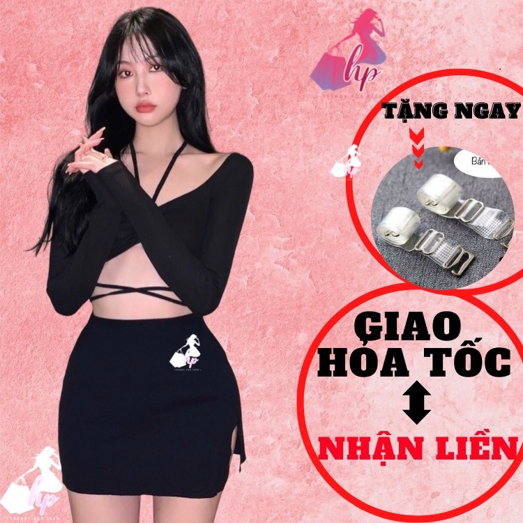 set đồ bộ nữ đi chơi đi tiệc chân váy chữ A có quần trong xẻ đùi 2 bên kèm áo croptop tay dài rút dây - VD255