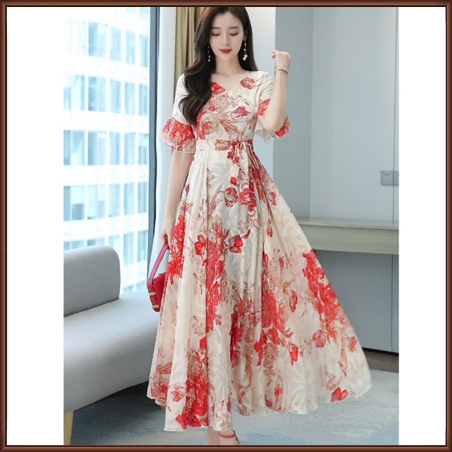 Đầm Dài Cổ Chữ V Tay Ngắn Họa Tiết Hoa Thời Trang Cho Nữ