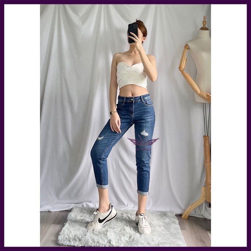 Quần baggy nữ lửng lưng cao⚡️ quần boyfriend nữ ngố cạp cao co giãn kiểu rách Nhipham shop/xanh nhạt, xanh đậm