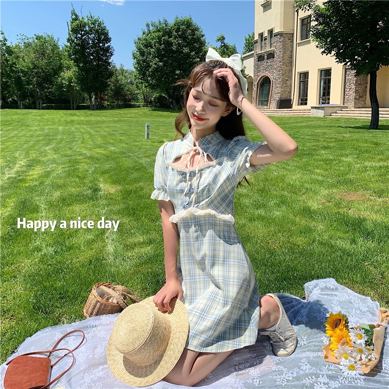 [VD083] Đầm caro sườn xám cách điệu (có ảnh thật)
