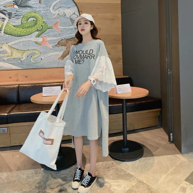 (Order 5-10days) Đầm suông oversize vạt lệch xẻ tà, tay loe