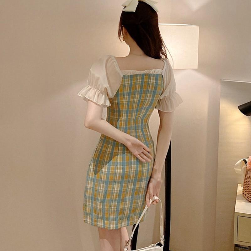 Đầm Tay Ngắn Cổ Vuông Họa Tiết Hình Bướm Phong Cách Retro Pháp Nữ Tính