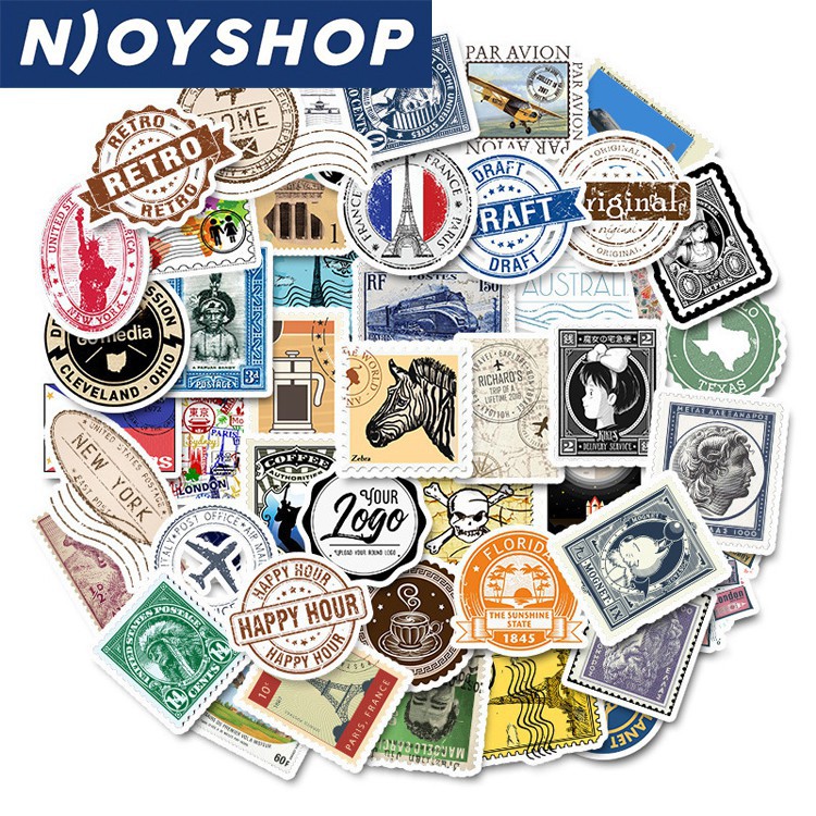 SET 50 MIẾNG STICKER TEM DÁN POSTAGE STAMP CHỐNG NƯỚC DÁN NÓN BẢO HIỂM, LAPTOP, VALI, TỦ, BÀN HỌC, XE MÁY