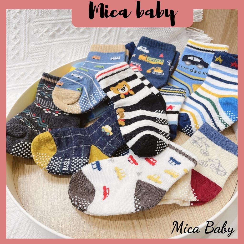 Set tất 12 đôi chống trơn trượt nhiều màu hình gấu, ô tô đáng yêu cho bé Mica baby T17