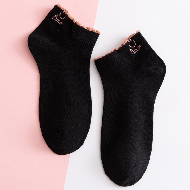 Set 5 đôi Tất ren nữ THÊU HÌNH cotton mềm mịn, giữ ấm chân / tất cổ ngắn