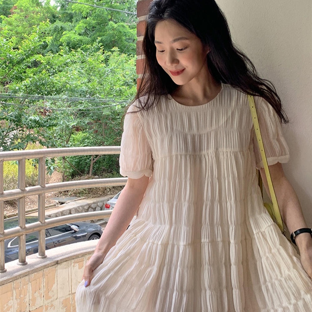 Đầm Tay Phồng Cổ Tròn Xếp Ly Dáng Rộng Thời Trang Sang Trọng 49871