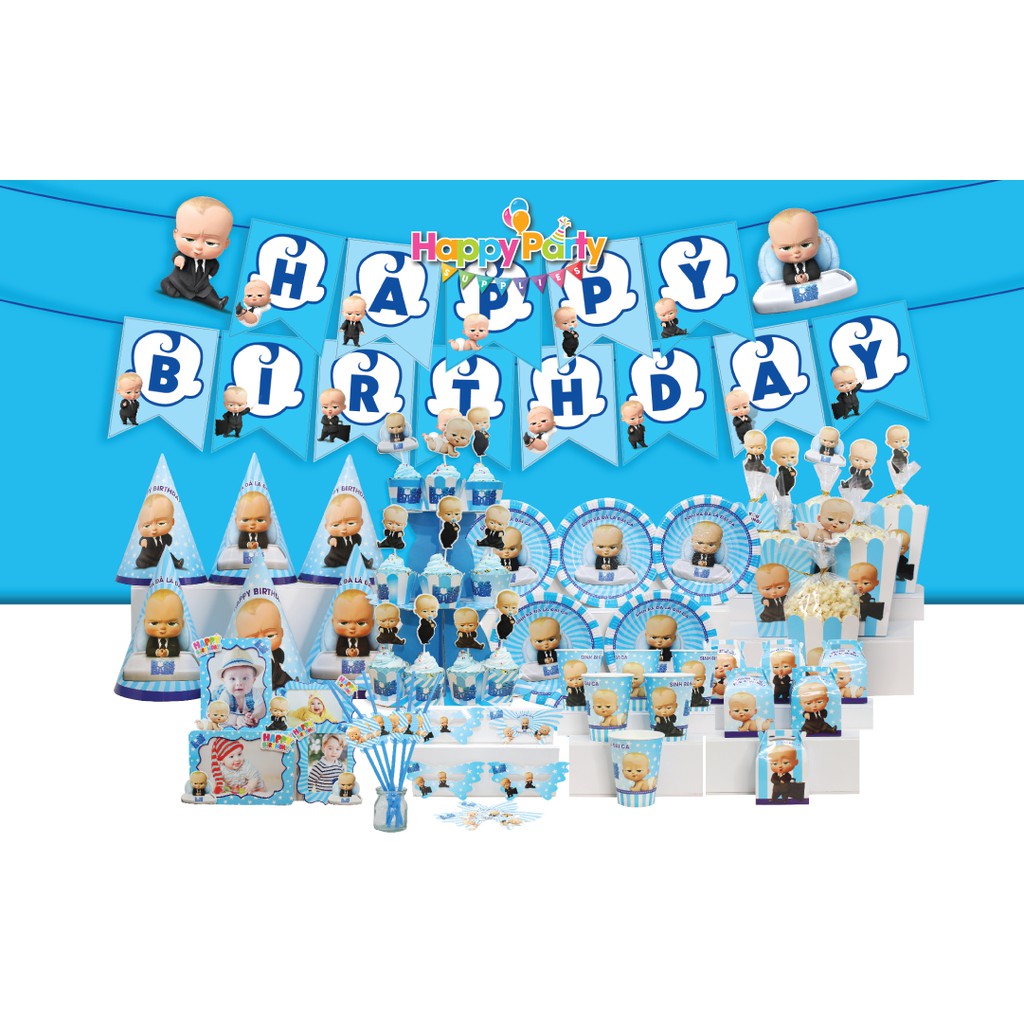 set Baby Boss nhóc trùm phụ kiện trang trí sinh nhật thôi nôi - Happy Birthday bé trai xanh