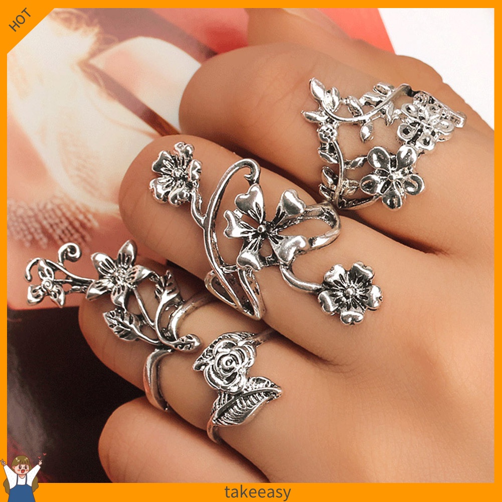 [Hàng Có Sẵn] Bộ 4 Nhẫn Midi Đeo Khớp Ngón Tay Hình Hoa Lá Vintage Cho Nữ