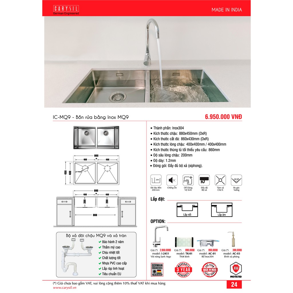 CARYSIL - Chậu Inox304 - Chậu Rửa Bát Chuyên Dùng Lắp Âm Mặt Đá - IC-MQ9 - 880x450mm