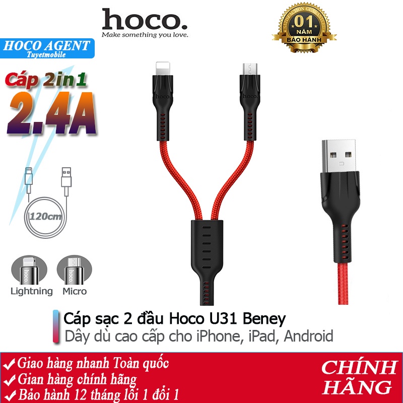 [Mã ELFLASH3 hoàn 10K xu đơn 20K] Cáp sạc 2 đầu Hoco U31 siêu bền đầu Lightning/ Micro dây dài 1.2m - Chính hãng