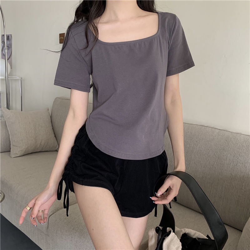 Áo thun nữ BH tay ngắn cổ vuông màu sắc thanh lịch