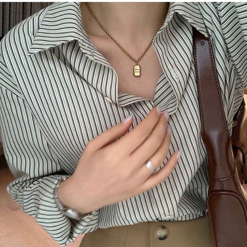 Áo sơ mi nữ tay dài họa tiết kẻ sọc - Phong cách Retro Hàn Quốc xinh đẹp - Kemi