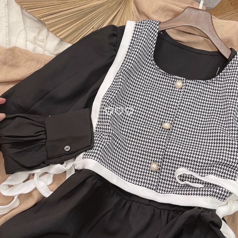 🖤🖤 SET ĐẦM MIDI KÈM GILE KẺ CARO ZICZAC