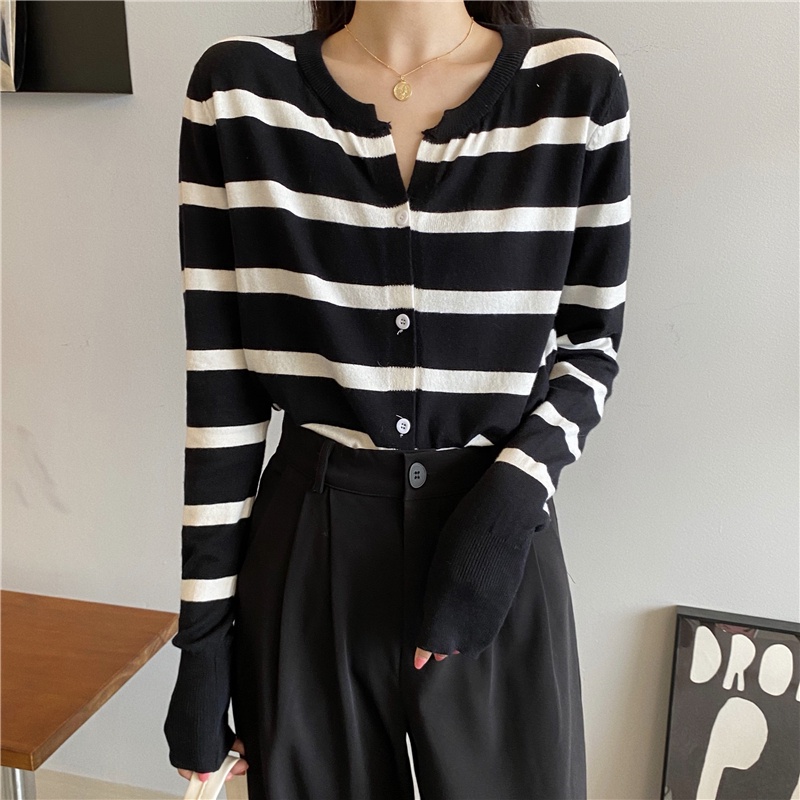 【ZHELIHANGFEI】Áo Khoác Cardigan Dệt Kim Tay Dài Dáng Rộng Kẻ Sọc Trẻ Trung Hợp Thời Trang