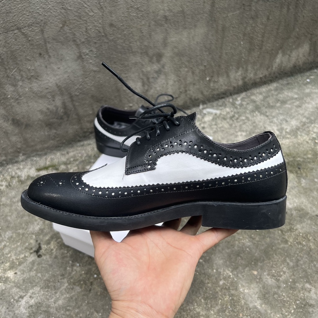 Giày Derby nam Black White, Giày da buộc dây Cao Cấp Da Bò 100%