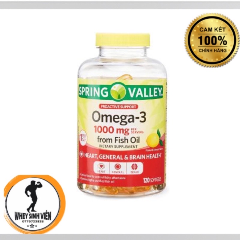 OMEGA 3 SPRING 180 viên I Viên Dầu Cá Siêu Cô Đặc Vị Chanh Spring Valley Omega 3 1000mg