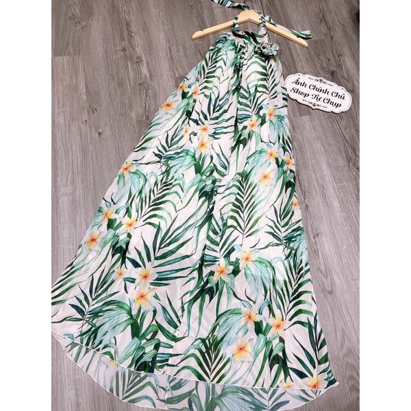 G11- đầm maxi dập ly xanh hoa cổ, cổ yếm, chất voan