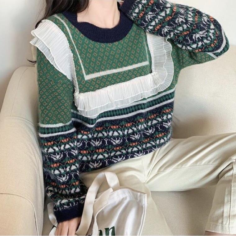 [HÀNG ORDER] Áo len bánh bèo tiểu thư thổ cẩm màu xanh hot trend mùa đông -jhu | BigBuy360 - bigbuy360.vn