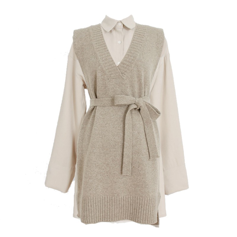 Set MORAN váy sơ mi + Áo vest len gile dáng dài thắt eo công sở sang trọng trẻ trung Hàn Quốc