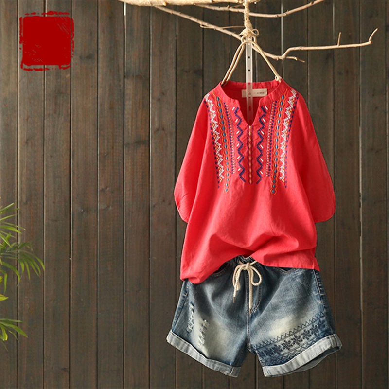 Áo Cotton Dáng Rộng Size Lớn Thêu Họa Tiết Thổ Cẩm Thời Trang Mùa Hè
