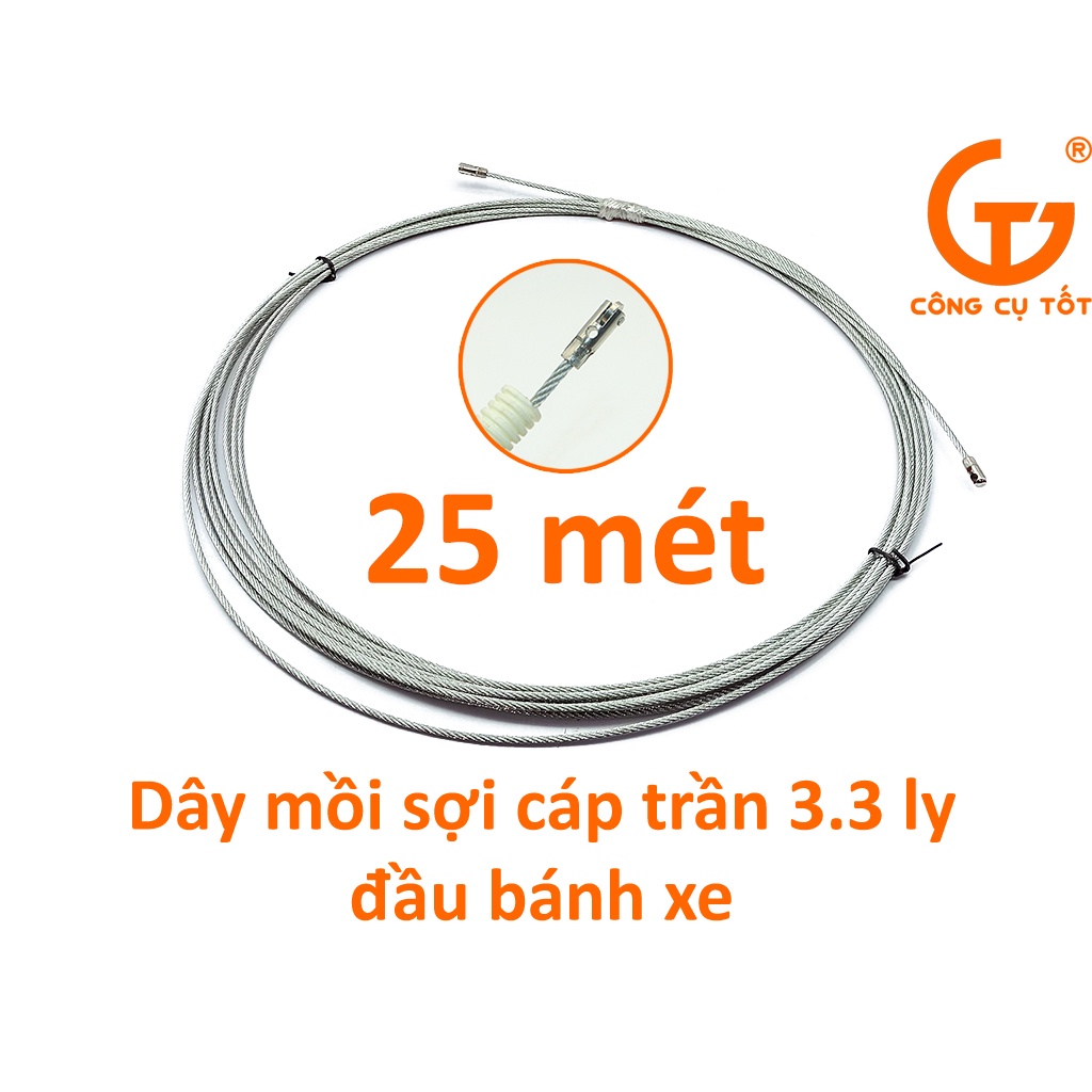 Dây mồi luồn ống sợi cáp trần 3.3mm đầu bánh xe dài 25m