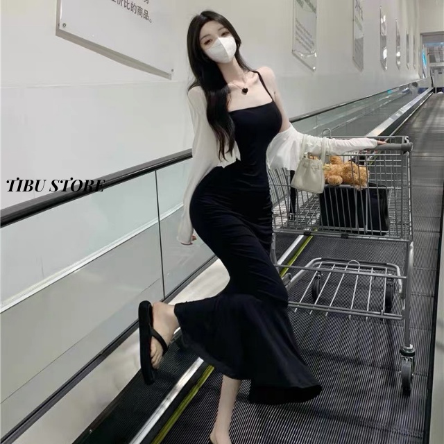 Đầm body hở lưng hai dây dáng dài TIBU, đầm đuôi cá kèm áo khoác cardigan len tăm nữ dự tiệc đi chơi