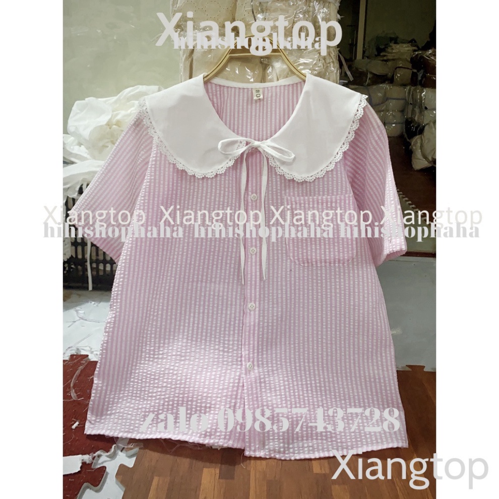 Áo sơ mi kẻ cổ bèo tiểu thư 2 màu ngắn tay kaca aosomicongsothietke vintagevn