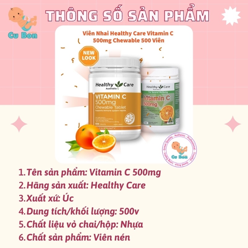 Vitamin C HEALTHY CARE 500mg của úc hộp 500 viên giúp tăng đề kháng hệ miễn dịch đẹp trắng da cho cả gia đình từ 2 tuổi