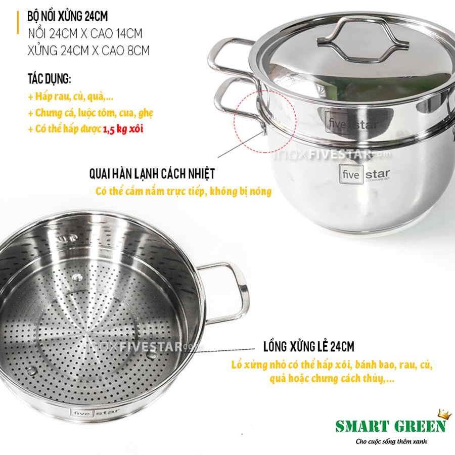 XỬNG HẤP FIVESTAR 24CM 3 ĐÁY INOX CHÍNH HÃNG