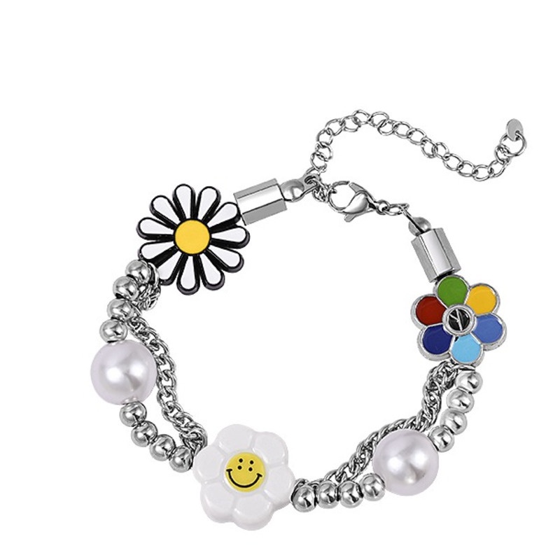 Vòng Tay Hạt Ngọc Trai Mặt Cười Hoa Cúc Mặt Cười Hip Hop Thời Trang Nam Nữ