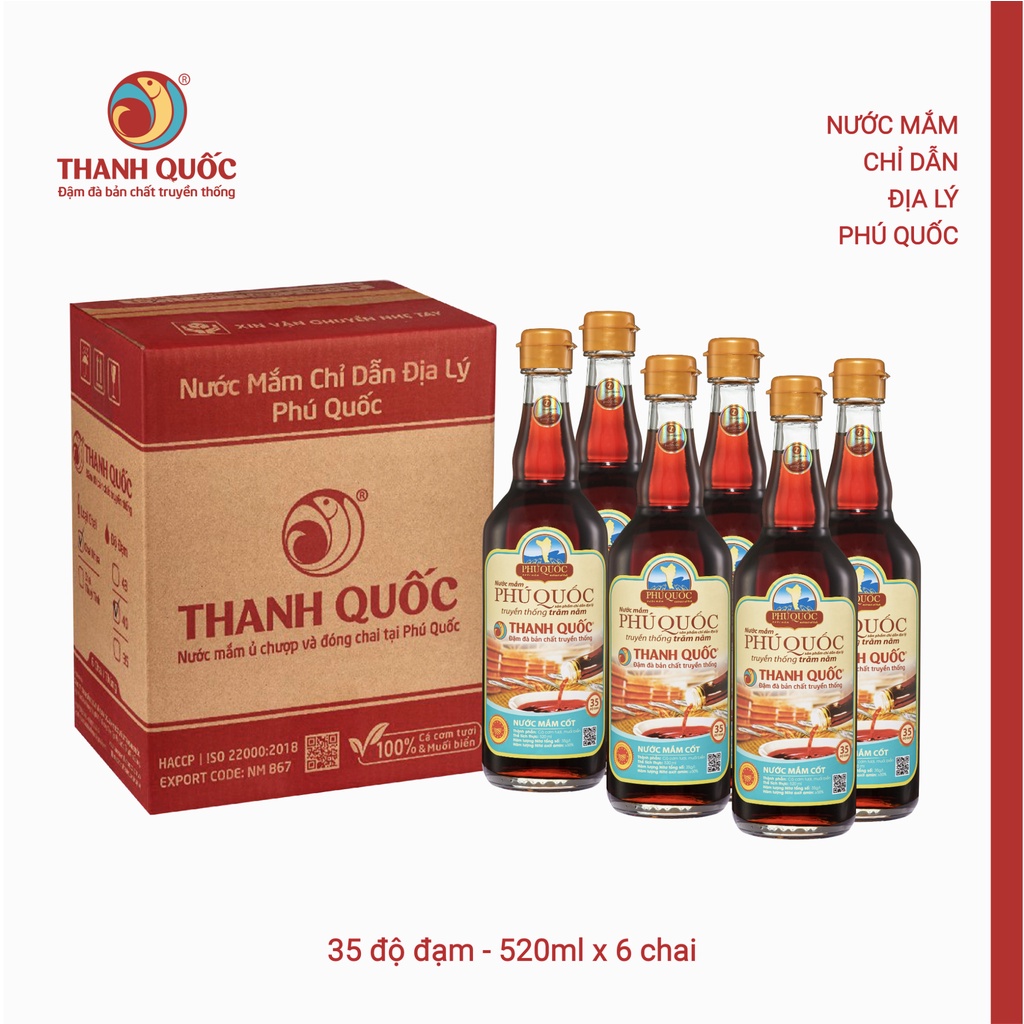 Nước mắm Thanh Quốc Phú Quốc 35/40/43 độ đạm thùng 6 chai 520ml thủy tinh